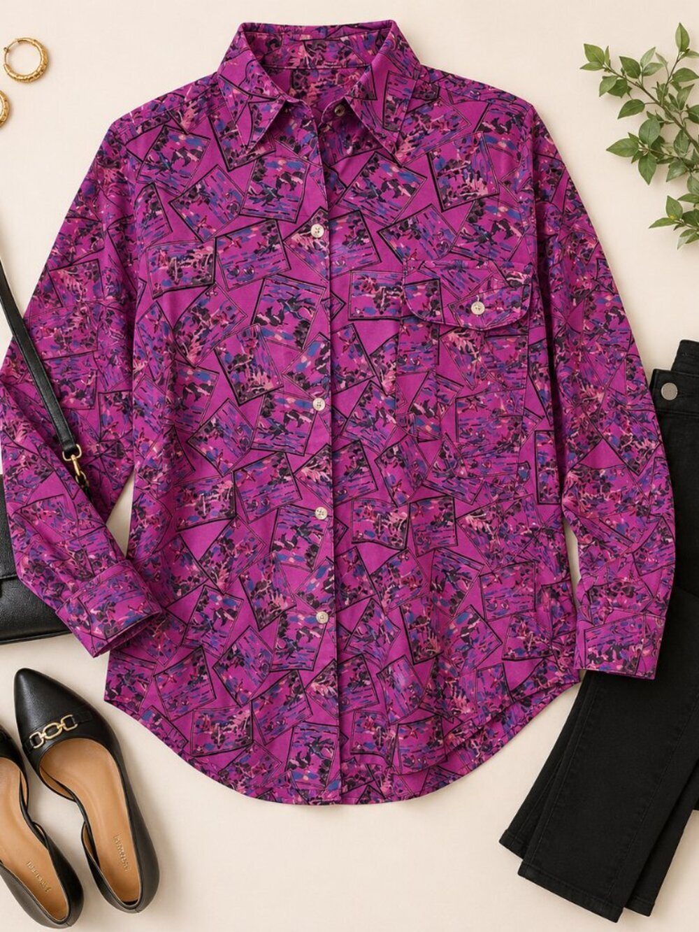 Vintage Kyoto Kasuals Button Up Shirt Pink Scenic Print 80s Cotton